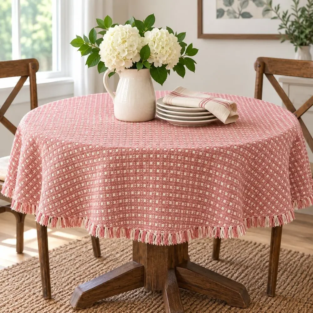 Dusty Rose Pink White Cotton Tablecloth 60 Inch Woven Fringe Farmhouse Cottage